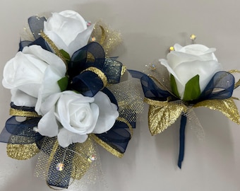 Corsage and Boutonniere Set | White Roses Navy Gold Wedding Prom Homecoming