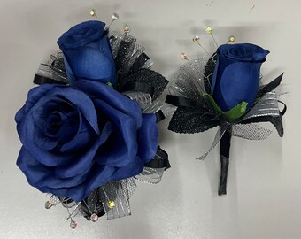 Royal Blue Rose Black Corsage & Boutonnière Set (artificial flowers)