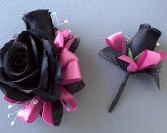 Black Rose Hot Pink Trim Corsage & Boutonniere Set with Rhinestone Wristband | Wedding Prom Anniversary