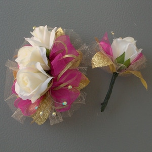 Ivory Rose Fuchsia Gold Prom Corsage & Boutonnière Set