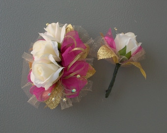 Ivory Rose Fuchsia Gold Prom Corsage & Boutonnière Set