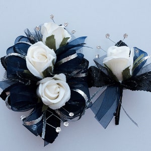 Ivory Rose Navy Black Corsage and Boutonniere Set