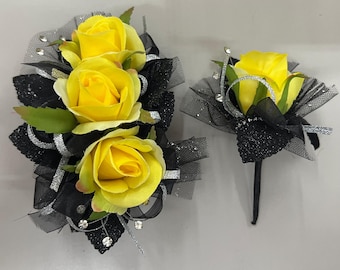 Yellow Rose Black Corsage & Boutonniere Set | Wedding Prom Anniversary Formal
