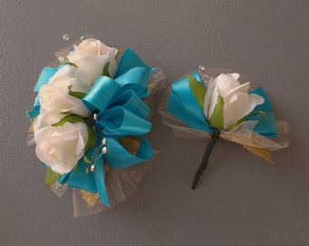 White Rose Turquoise Ribbon | Prom Corsage & Boutonnière Set