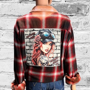 Upcycled Flannel Shirt, Tattoo Art Graphic Back Patch, Biker Grunge Jacket, Woman's (3XL)