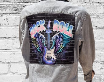 Upcycled Rock & Roll Shirt – Reworked Wrangler Denim – Music Lover Gift – Size M