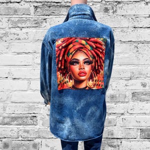 Upcycled Denim Shirt • Sublimated Afrocentric Art Graphic, Bleach Splashed Streetwear