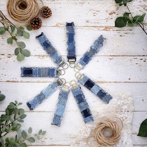 Handmade Upcycled Denim Wristlet Keychain with Raw Edges • One‑of‑a‑Kind Key Fob