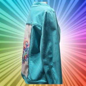 Teal Denim Jacket: Rainbow Swirls, Pre-Loved Chicos Brand Stretch Jean Style, Size L - XL