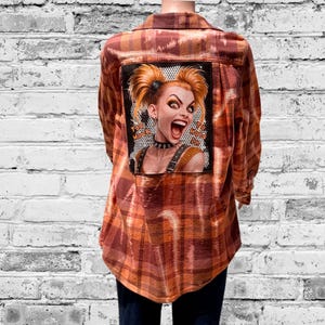 Upcycled Plaid Flannel Shirt • Punk Graphic Patch Shirt • Statement Grunge Top • Women’s Medium