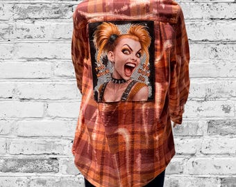 Upcycled Plaid Flannel Shirt • Punk Graphic Patch Shirt • Statement Grunge Top • Women’s Medium