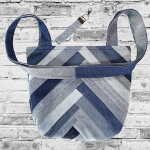 Handmade Patchwork Denim Tote – Large Crossbody Bag with Keychain – Upcycled Denim