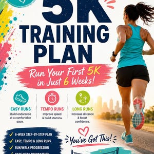 May include: A 6-week 5K training plan infographic featuring a runner in a teal tank top and black shorts. Text includes 6-Week 5K Training Plan, Run Your First 5K in Just 6 Weeks!, Easy Runs, Tempo Runs, Long Runs, You've Got This!, and Finish.