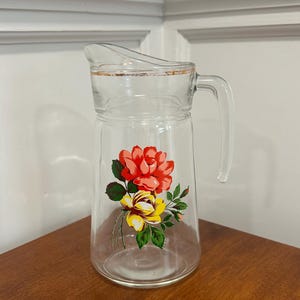 Vintage Glass Pitcher with Roses with Gold Band