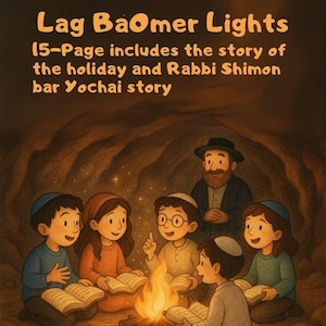 Puede incluir: Ilustración de niños y un adulto leyendo alrededor de una fogata. La imagen incluye el texto "Lag BaOmer Lights" y describe el contenido del libro. La obra de arte tiene una paleta de colores cálidos.