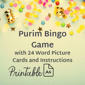 Juego de Bingo de Purim | PDF imprimible A4 | Divertido juego festivo para niños y adultos Juego de fiesta de Purim con 24 cartas ilustradas