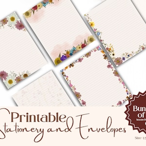 Papelería bonita imprimible con prensa de flores con sobre, Regalo sentimental, Tamaño carta A4 EE. UU., Papelería con objetivos de pareja subrayados y forrados