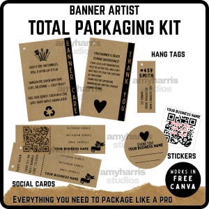 May include: A total packaging kit for banner artists, featuring hang tags, stickers, social cards, and care instructions. The kit includes various brown paper elements with black text and graphics, including QR codes and a heart design.