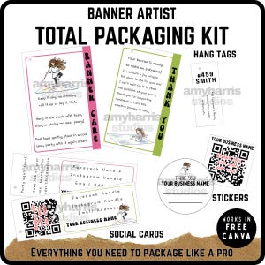 May include: A total packaging kit with hang tags, social cards, and stickers. The kit includes a banner care guide and a thank you card. The social cards have space for a Facebook handle, Instagram handle, and email address. The kit is designed to help you package like a pro.