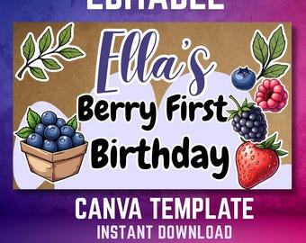 Beere Erster Geburtstag Banner Mockup | Bearbeitbare Canva Vorlage für Banner Artists