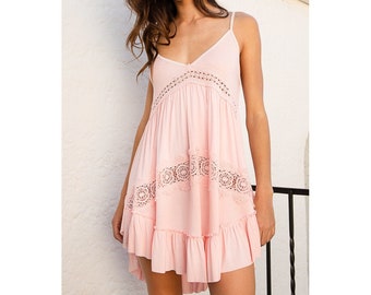 Sweet Dreams Ruffled Crochet Dress in Baby Pink