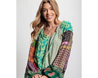 Love Language Boho Flowy Blouse in Atlantis Green