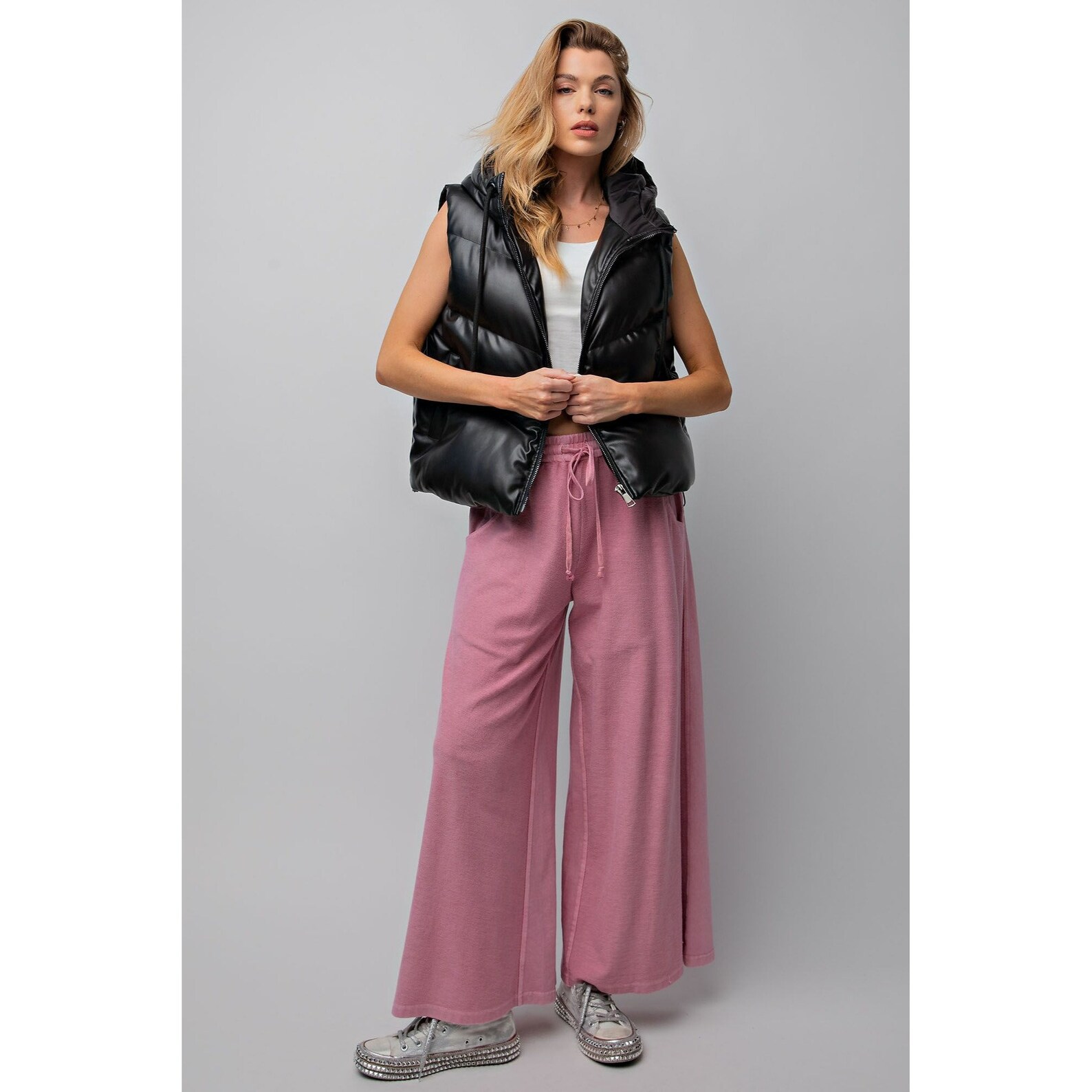 Mineral Wash French Terry Drawstring Wide Leg Pants main image 1