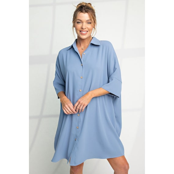 Meet Me Halfway Button Down Shirt Dress in Pale Blue