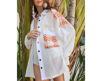 We Found Love Button Up Lace Shacket in Ivory Multi