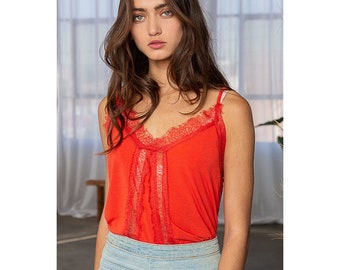 Run Away With Me Lace Tank in Cherry