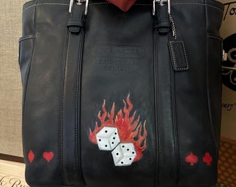 Authentic Vintage Coach Tote Turnlock Flame Dice Bag - Custom Painted Black Bikercore Hot Rod Y2K Style Streetwear Leather Shoulder Handbag