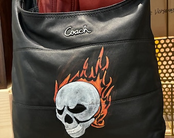 Y2K Coach Hobo Bag - Skull Flame Hand Painted Rockabilly Heavy Metal Leather Satchel Upcycled Reworked Tattoo Art Punk Grunge Dark Aesthetic