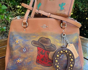 Authentic Coach Stanton Carryall Crossbody Bag and Wallet Set-Custom Painted Cowboy Boots Western Theme Brown Leather Handbag Reworked Tote