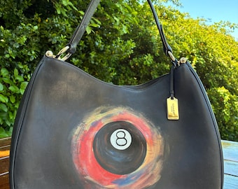 Vintage Coach Hobo Bag - 8 Ball Tattoo Art Hand Painted Graffiti Streetwear Rockabilly Black Shoulder Purse