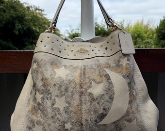 Authentic Coach Hobo Bag-Custom Hand Painted, Upcycled Lexy Stardust Fairy Celestial Moon Luxury Cream White and Black Shoulder Purse
