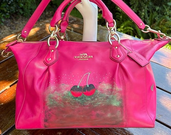 Vintage Authentic Coach Colette Bag Pink Ruby Leather, Hand Painted Custom Cherry Art Purse, Alt Y2K Streetwear Drip Cherries Shoulder Bag