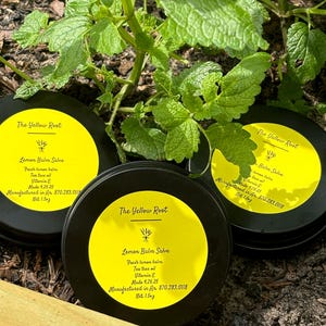 fresh lemon balm salve made with almond oil, vitamin E, tea tree essential oil and beeswax
