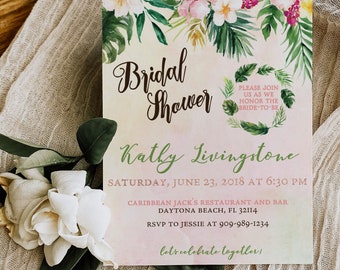 Digital Tropical Floral Watercolor Beach Destination Wedding Bridal Shower Invitation - 'TROPICAL LUSH"