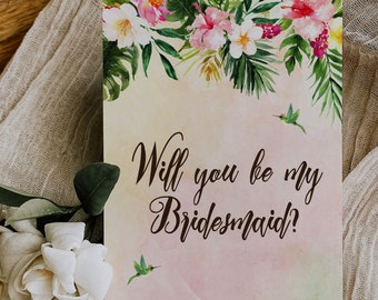 Digital "Instant Download" Tropical Floral Watercolor Beach Destination "Will you be my Bridesmaid" Invitation 4 - 'TROPICAL LUSH"