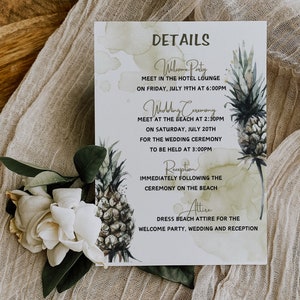 Puede incluir: Una invitación de boda con un fondo de acuarela que presenta una piña y hojas de palma. La invitación detalla una fiesta de bienvenida, una ceremonia de boda y una recepción. El texto dice: "DETAILS, Welcome Party, Meet in the hotel lounge on Friday, July 19th at 6:00PM, Wedding Ceremony, Meet at the beach at 2:30PM on Saturday, July 20th for the wedding ceremony to be held at 3:00PM, Reception, Immediately following the ceremony on the beach, Attire, Dress beach attire for the welcome party, wedding and reception."