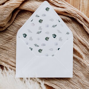 Tropiska bröllopskuvert – Strandpalm- och snäckdesign (digital nedladdning)