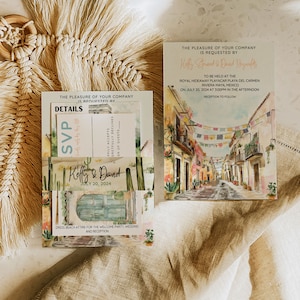 Mexico strand tropische palmboom cactus tempel kerk aquarel bestemming huwelijksuitnodiging en RSVP Suite Instant Download - "Mexico"