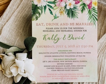 Digital Tropical Floral Watercolor Beach Destination Wedding Rehearsal Dinner Invitation - 'TROPICAL LUSH"