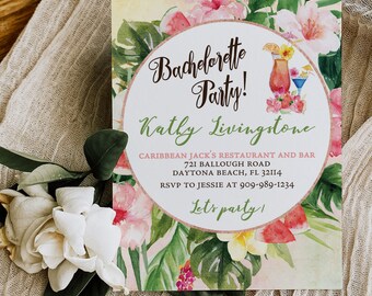 Digital Tropical Floral Watercolor Beach Destination Wedding Bachelorette Party Invitation - 'TROPICAL LUSH"