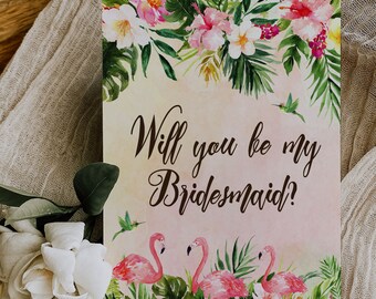 Digital "Instant Download" Tropical Floral Watercolor Beach Destination "Will you be my Bridesmaid" Invitation 3 - 'TROPICAL LUSH"