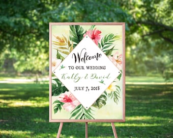 Digital Tropical Floral Watercolor Beach Destination Welcome Sign - Multiple Sizes - 'TROPICAL LUSH"