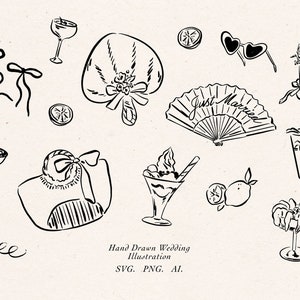 Hand Drawn outdoor wedding clipart,whimsical Line art doodle, summer wedding illustration,wedding icon bundle,digital elements,Italy wedding