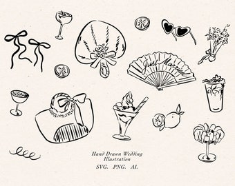 Ręcznie rysowane plenerowe wesele clipart, kapryśny rysunek linii, ilustracja letniego ślubu, pakiet ikon ślubnych, elementy cyfrowe, ślub we Włoszech