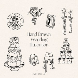 Hochzeitsillustrations-Elementpaket, bearbeitbar, romantisches Hochzeitssymbol, Linie, SVG PNG, Hochzeitskartenvorlage, Illustrationselemente