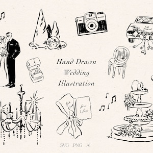 Wedding icons Hand-drawn,color changeable,wedding collection,Wedding Doodle Whimsical Illustrations,Editable,Whimsical Style, Wedding Bundle